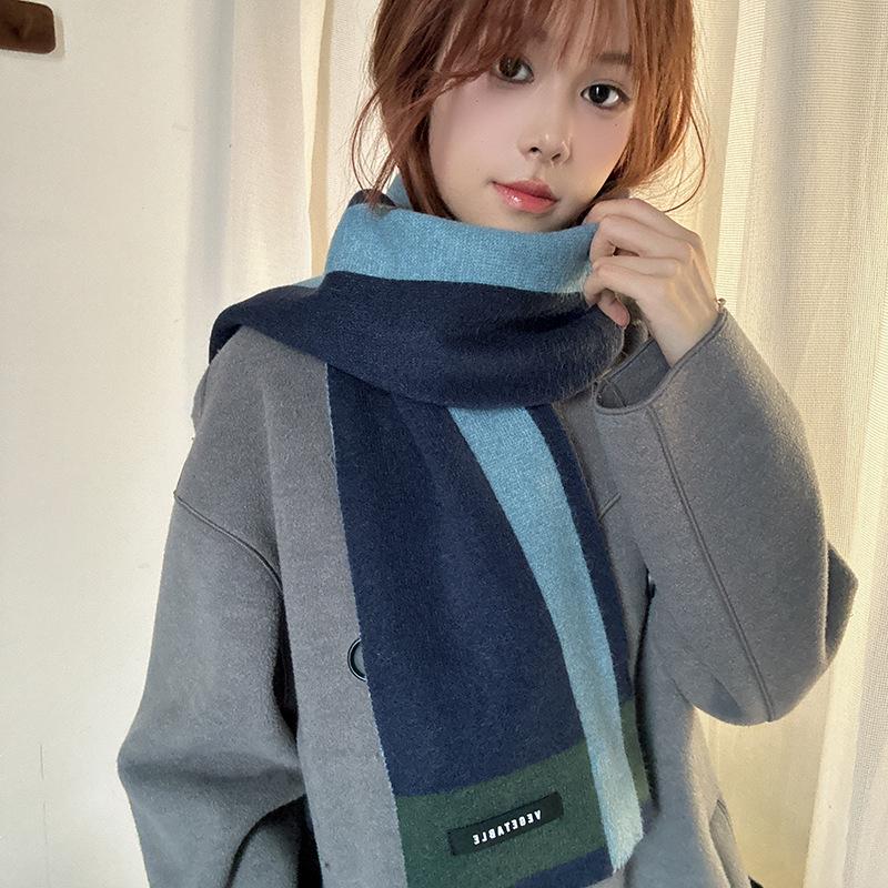 Luochi 2024 Winter Color Block Striped Wool Scarf - Warm Knit Neck Warmer for Men and Women