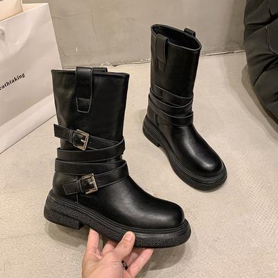 Modă 2024 Nouă Modă Bocanci Femeie cu Talpă Groasă Stil Britanic Cowboy Western cu Falduri la Manșetă și Bocanci Subțiri Suprapuși