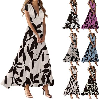 Vestido Maxi Para Mulheres Cintura Alta Decote em V Profundo Vestido Vestidos Estampados Vestido Leve de Praia Vestidos de Verão Retrô