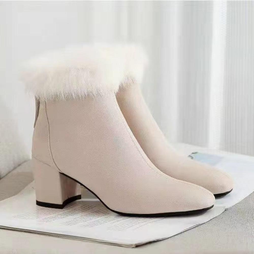 Winter Comfortable White Black Women Ankle Boots Rabbit Fur  Heels Lady Casual Shoes