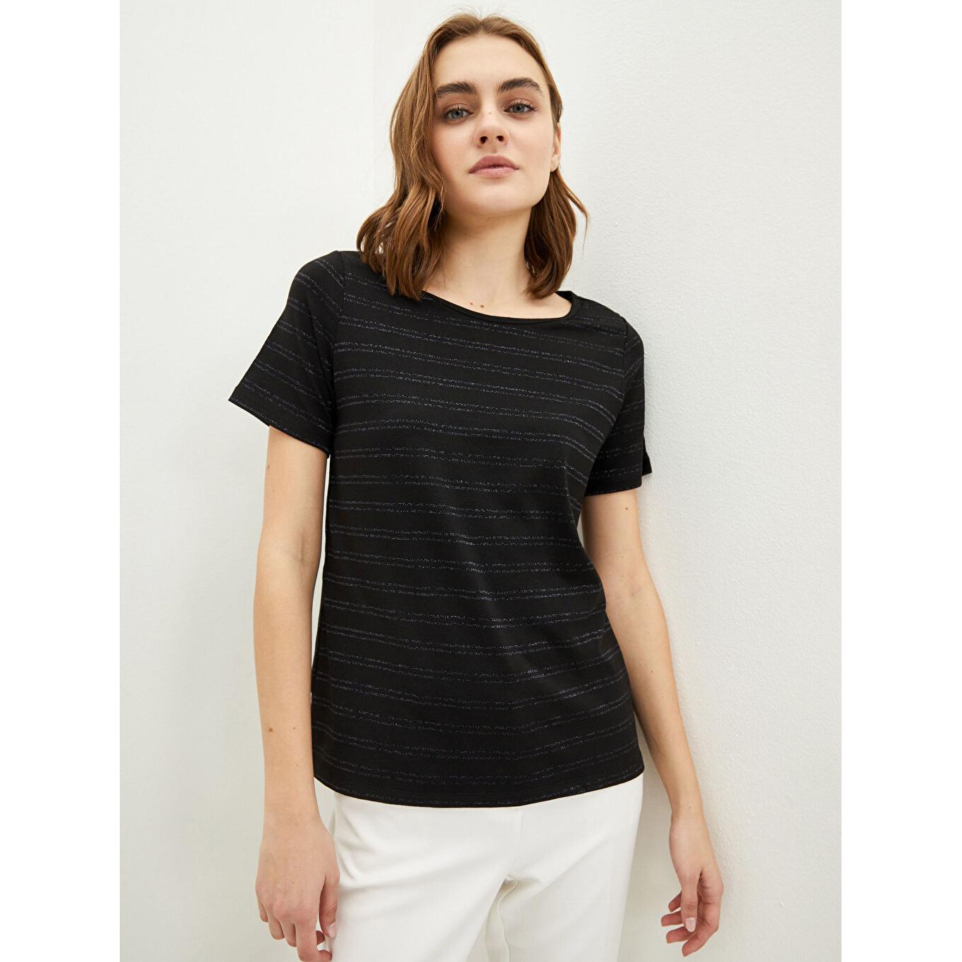 

LCW BASIC Полосатая женская футболка с круглым вырезом и короткими рукавами серая