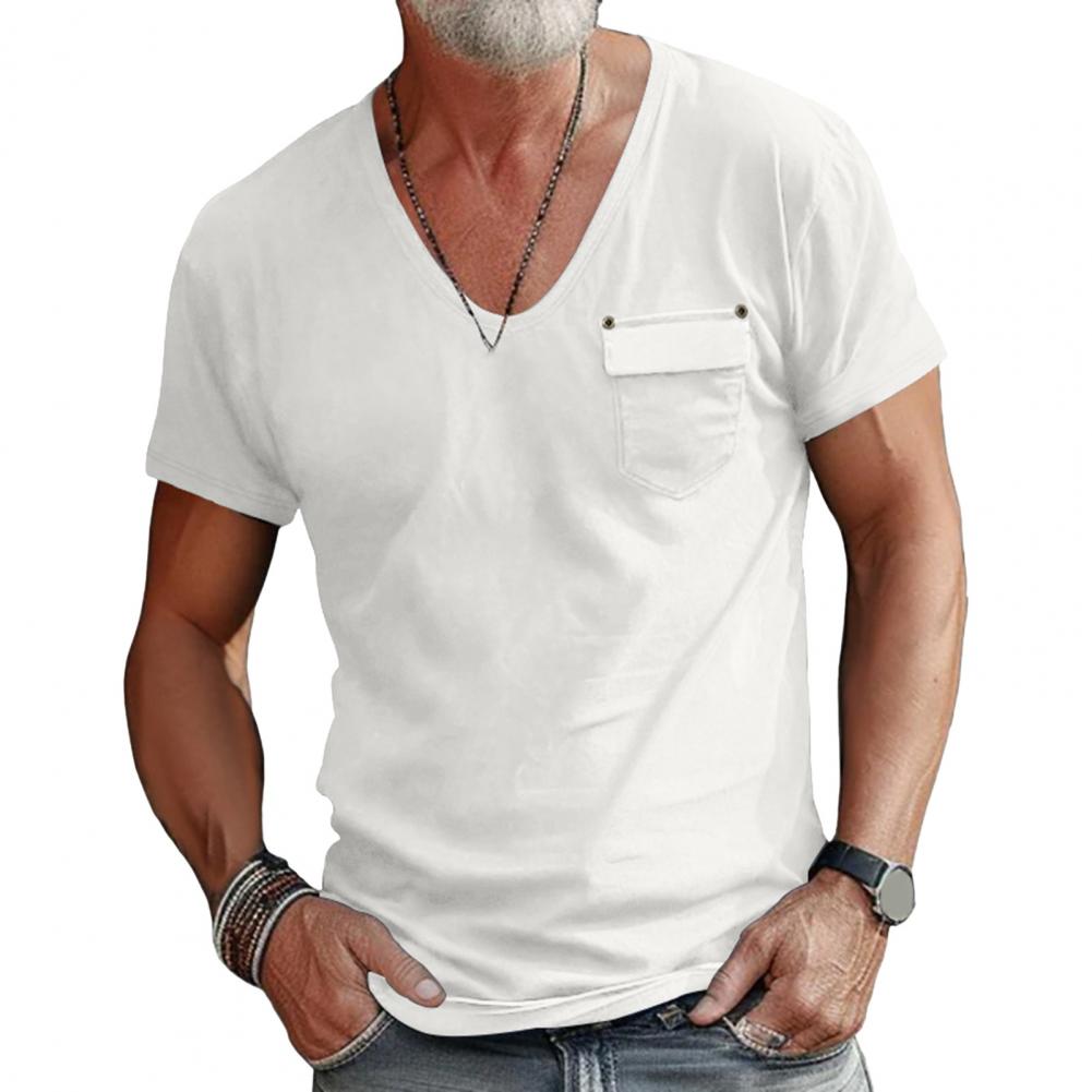 Men Summer T-shirt V Neck Short Sleeves Solid Color Stretchy Chest Pocket Thin Quick Dry Simple Style Casual Daily Wear Sport To