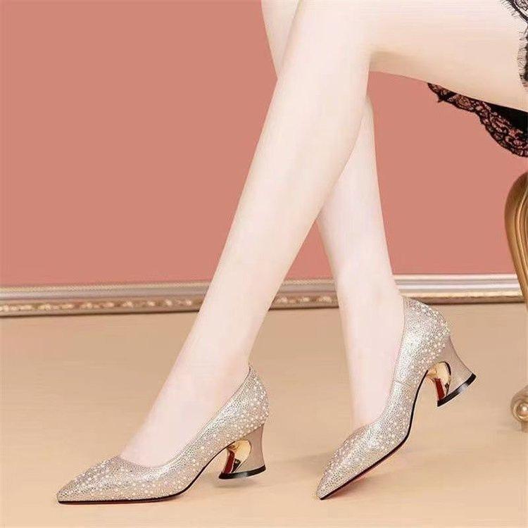 New Pointed Thick Heel Wedding Shoes 2025 Autumn with Cheongsam Shoes Rhinestone Mid-heel Shallow Single Shoes Temperament Celebrity Women's Shoes