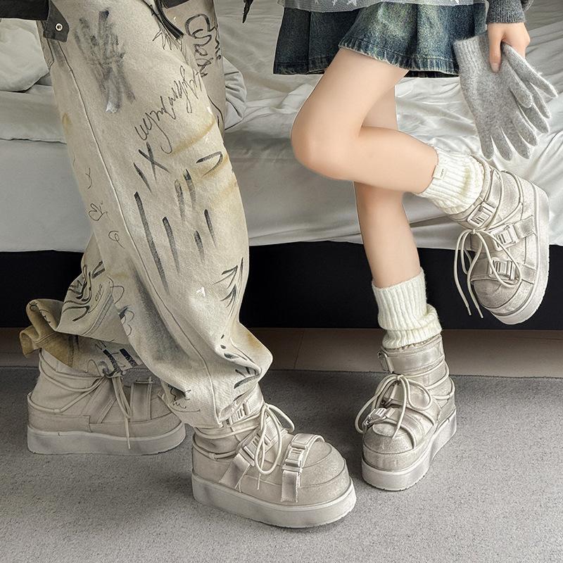 Invisible Inner Height Increase Battle Damage Martin Boots Autumn and Winter Piled Thickened Retro Old High-top Thick-soled Snow Boots