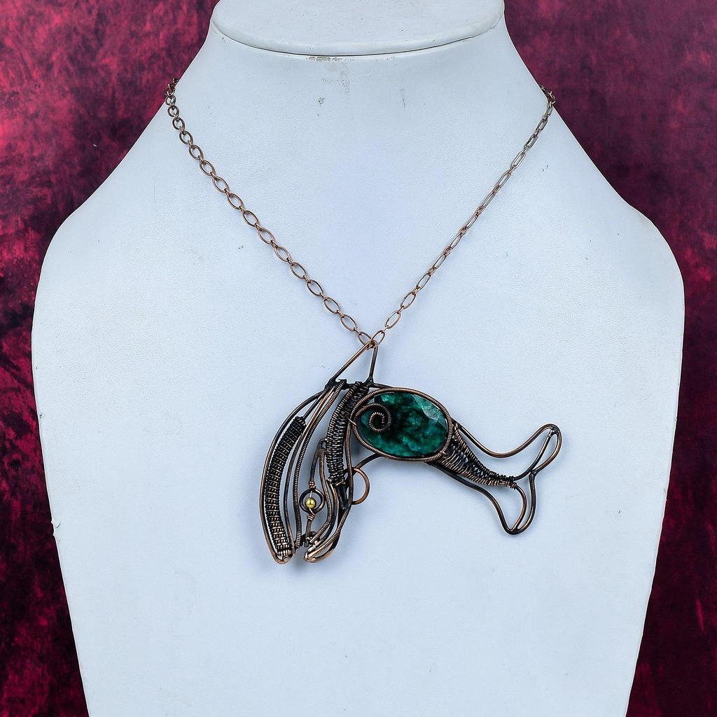 Faceted Zambian Emerald Gemstone Pendant Copper Wire Wrapped Jewelry Fish Pendant