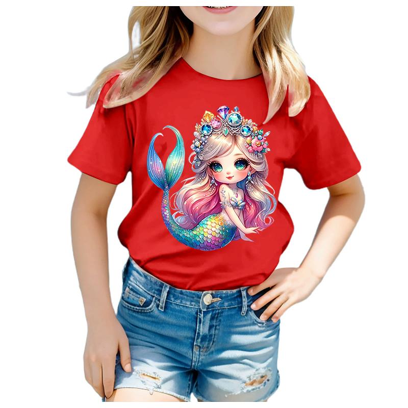Girls Adorable Mermaid Princess Print Tshirt Summer CrewNeck ShortSleeved Soft Polyester Fabric Kids Top Clothing