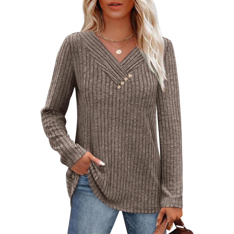Women Long Sleeve V Neck Button Tops Fall Winter Fashion Sweaters Outfits S коричневый