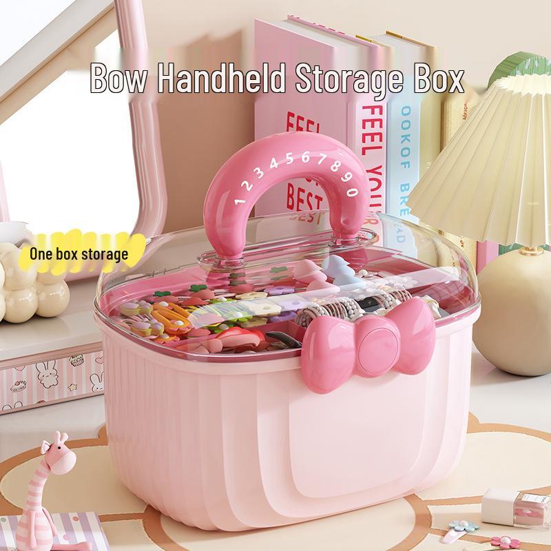 Cute Transparent Double-Layer Handheld Storage Box with Lid and Divided Compartments for Children's Hair Accessories and Jewelry.