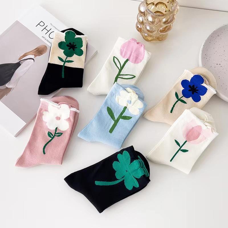 6 Pairs Women Socks Flower Japanese Korean Style Mid Tube Socks Floral Candy Vintage Novelty Casual Breathable Kawaii Cute Socks