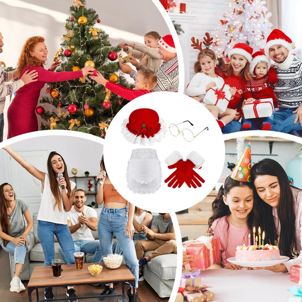 Santa Accessories Women Dress Up Glasses Apron Hat Gloves Christmas Santa Costume Accessories Set For Women Holiday Party
