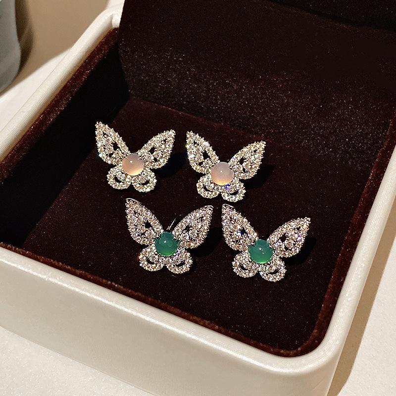 S Sterling Silver Needle Zircon Chalcedony Butterfly Stud Earrings Women's High-end Sense Light Luxury Fashion Personalized Earrings New Ear Jewelry