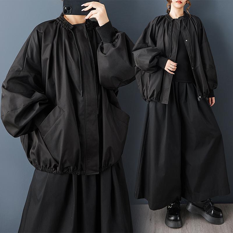 DIMANAF Plus Size Autumn Winter Women Coat Long Sleeve Jackets Casual Loose Outerwear Black Zipper Trench Coat