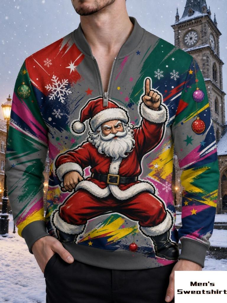 Long sleeved round neck sweatshirt men's clothing Christmas Santa Claus print quarter zip pullover top festive party wear