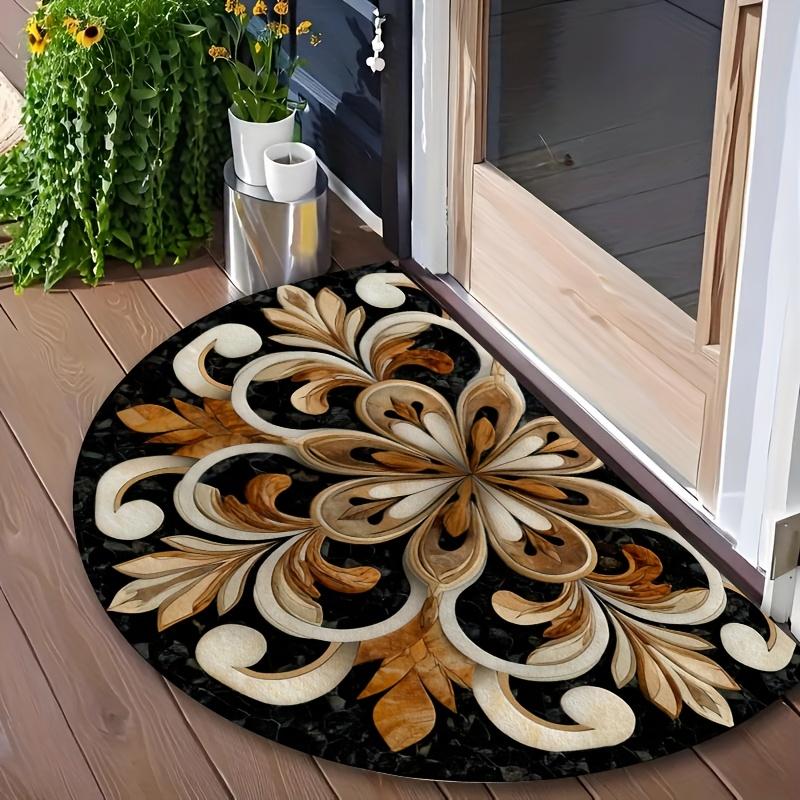 Elegante Tappeto Semicircolare Nero Bianco Marrone Morbido Antiscivolo Tappetino Decorativo Stampa 2D Tappeto Botanico per Decorazione Cucina Patio