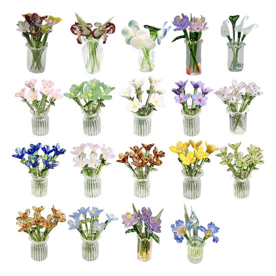 1 Set Glass Flower Bouquet with Vase Hand-Blown Mini Flower Decoration Home Living Room Handmade Simulation Floral Ornament with Stem