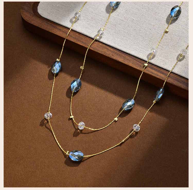 Long Blue Crystal Necklaces for Women, Layered Long Statement Necklace CZ Stone, Sweater Chain Jewelry