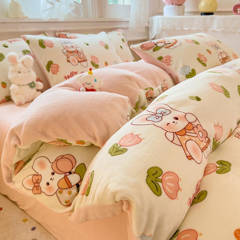 Thickened Milk Fleece Quilt Cover Single Piece Coral Fleece Quilt Cover Four-Piece Set Double-Sided Flannel Fleece