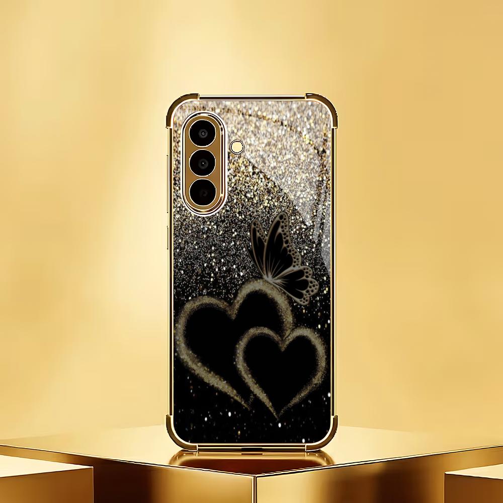 Goldene herzförmige Glas-Handyhülle geeignet für Samsung Galaxy S26 S25 S24 S23 S22 S20 FE/Ultra/Plus stoßfeste Rückabdeckung