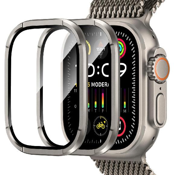 Amizee 2 Pack Metal Case Compatible with Apple Watch Ultra/Ultra 2 Screen Protector Case 49mm with Tempered Glass, Metal Frame Built In HD Glass