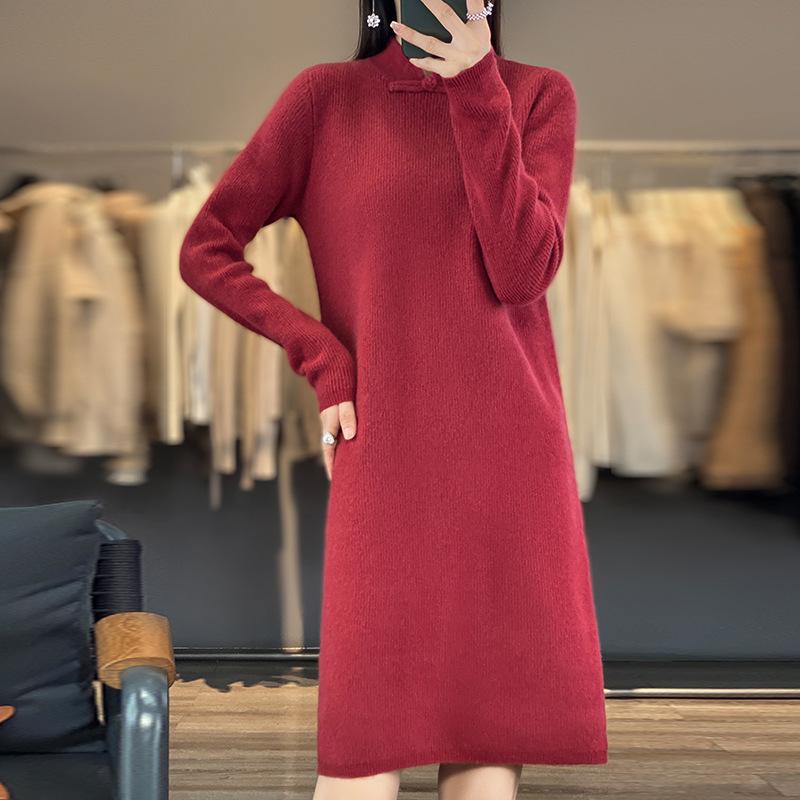 Women's Mid-Length 100% Wool Sweater Dress, Over-the-Knee, Qipao Stand Collar, Winter Slimming Fitted Knit Dress