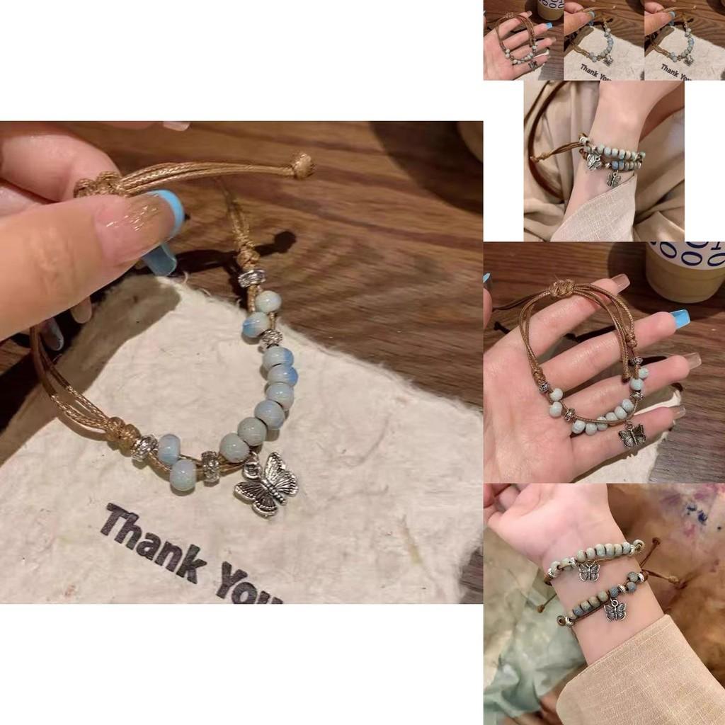 Vintage Style Ceramic Beaded Bracelet With Butterfly Design Adjustable Handmade