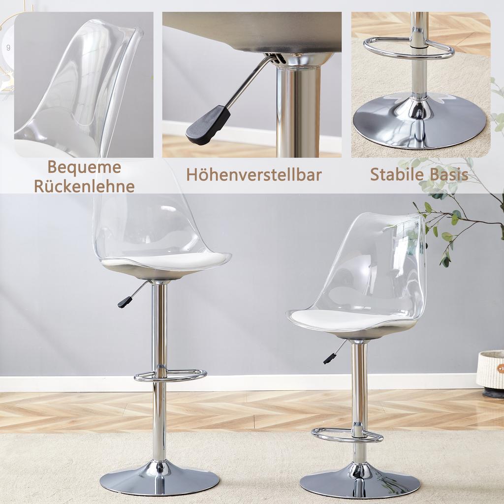 Modernes, verstellbares Barhocker-Set, 2 Stück, Rückenlehnen aus transparentem Kunststoff, Sitzfläche aus PU-Leder, Metallbeine, höhenverstellbar, 360 Grad drehbar