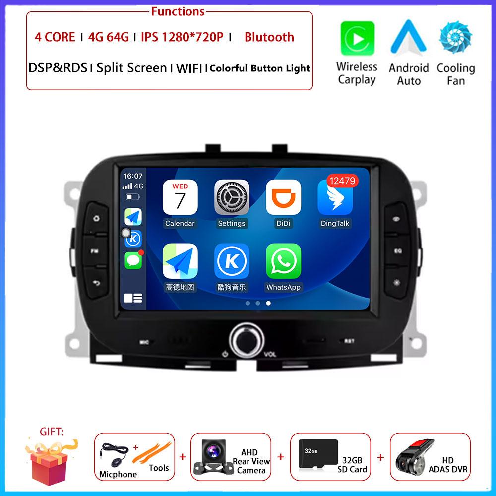 For FIAT 500 2016 2017 2018 2019 Car Carplay Auto  Android  Radio Navigation GPS Multimedia Video Player  5G WIFI
