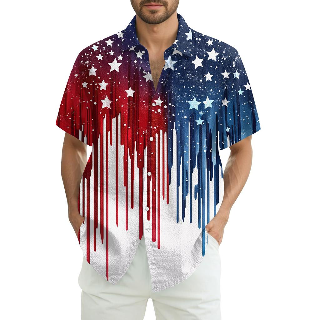 Camisa Casual de Manga Corta con Estampado del Día de la Independencia para Hombre