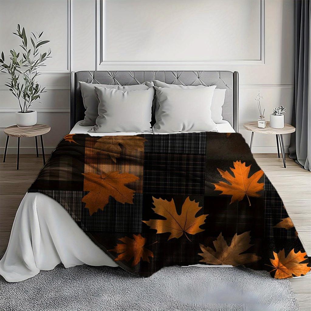 Autumn Maple Leaf Plaid Throw Blanket - Warm, Soft Flannel with Vibrant Orange & Brown Leaves On Black & Brown Checkered