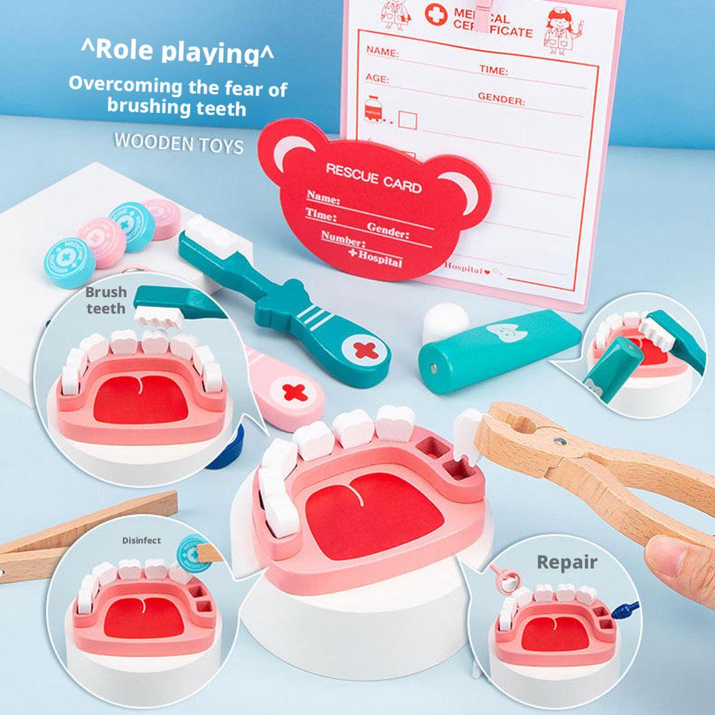 Six-piece Set Children's Dentist Game Simulation Wooden Dental Stethoscope Role-playing Professional Toy Children's Day Gift