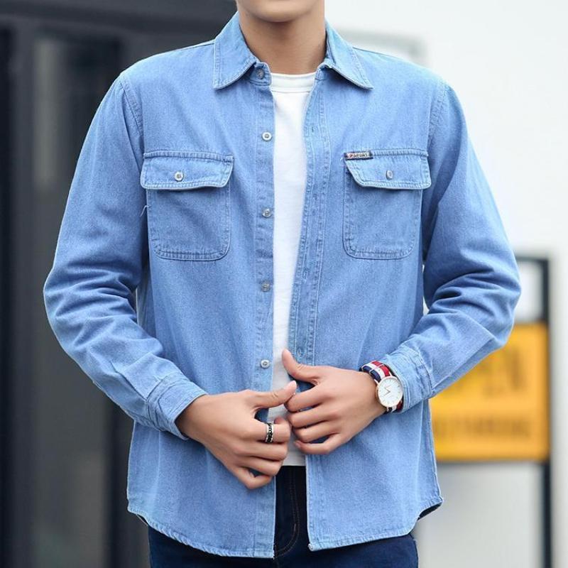 Spring Autumn Youth Men Denim Shirt Coat Long Sleeve Pure Cotton Plus Siz Turn-down Collar Casual Koreon All-match Jackets