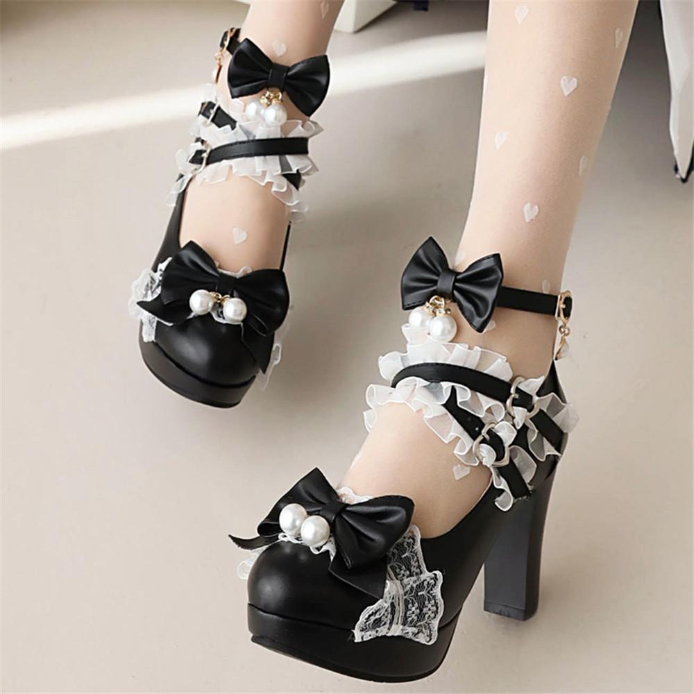 Womens Lolita Gothic Pumps High Heel Lace Cross Strap Bow Tie Bead Sweet Cosplay Party Shoes Round Toe Dress Footwear