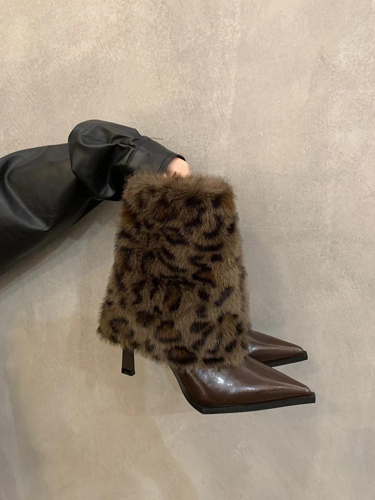 2024 Vinter Leopardmönstrade Mid-kalv Damstövlar Vintage Smal Klack Spetsig Fransk Mode Högklackade Stövlar