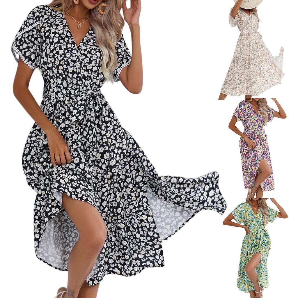 Damenkleider Bedruckt V-Ausschnitt Tailliert Midilänge Kurzarm Unregelmäßige Kleider