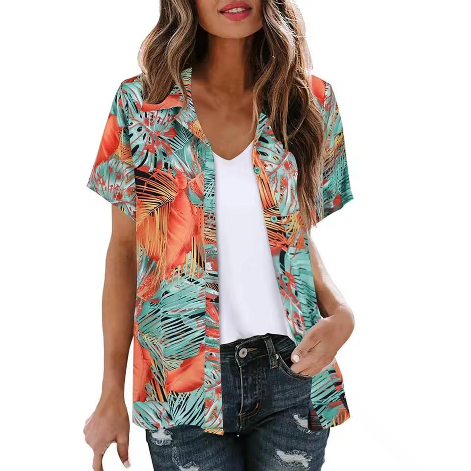 Print Graffiti Cardigan Women Short Sleeve Tops Loose V-Neck Summer Streetwear Shirts Female Single Breasted Casual Blouses 2024