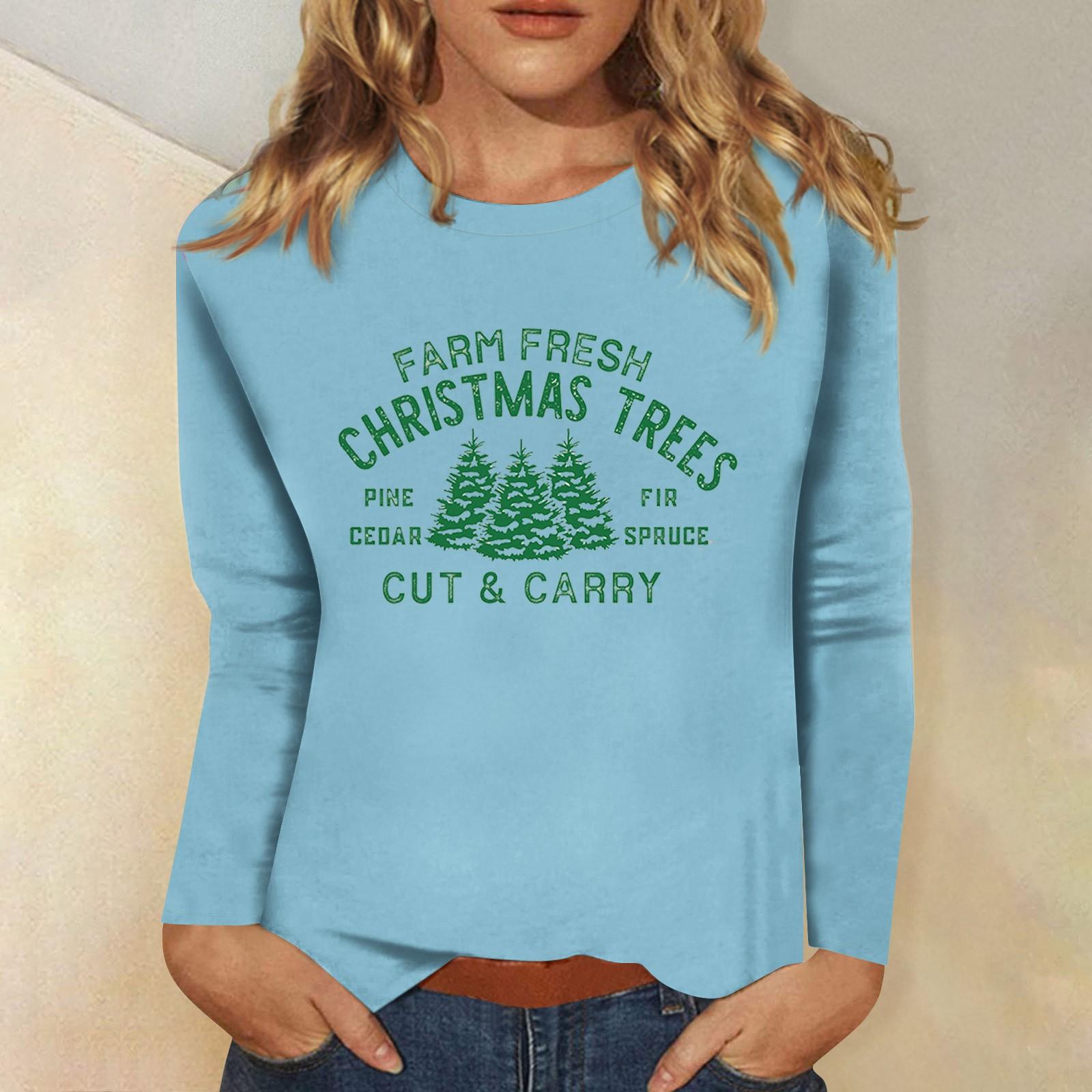 

Женский повседневный повседневный топ с длинными рукавами и рождественским принтом с круглым вырезом XL небесно-голубой