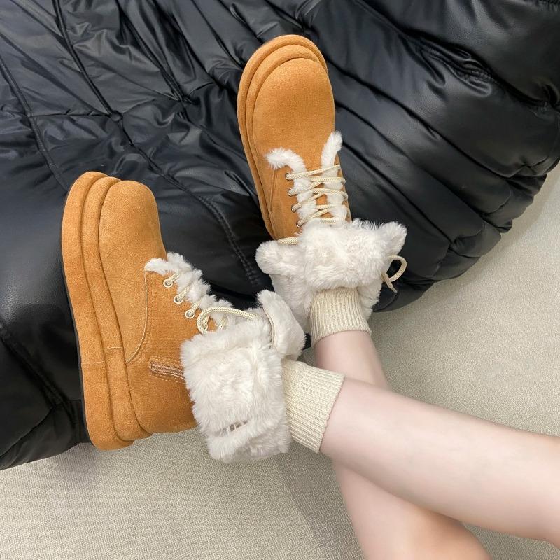 Women Fur Snow Boots Flats Platform Warm Cottom Shoes Winter Trend Sneaker Casual Running Shoes Lace Up Chelsea Boots Mujer