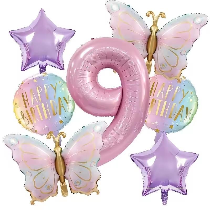7 Pcs Pink Butterfly Balloon Set With 40 inch Number Baby Shower Helium Gradient Balloons Birthday Party Wedding Globos decor