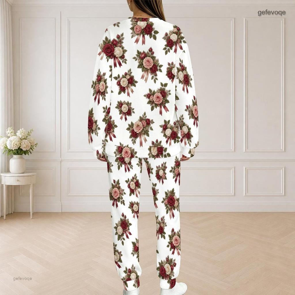 Women Plus Size White Floral Printed Round Neck Long Sleeve Top And Pants Set