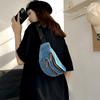 Retro Hong Kong Style Design Denim Crossbody Bag Casual Zipper Shoulder Bag Unisex Street Style Student Personality Chest Bag