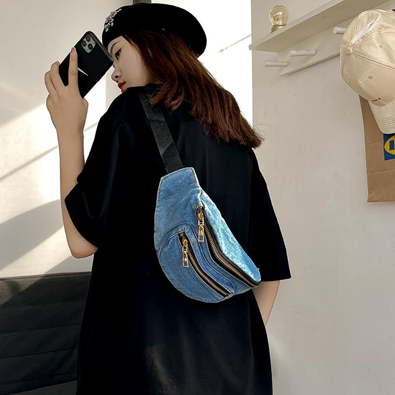 Retro Hong Kong Style Design Denim Crossbody Bag Casual Zipper Shoulder Bag Unisex Street Style Student Personality Chest Bag