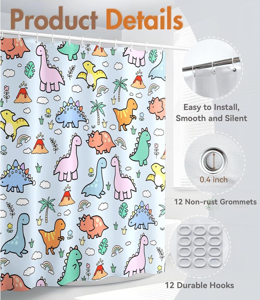 Cute Dinosaur Pattern Polyester Shower Curtain 180X180Cm - Waterproof Kids Bathroom Decor With Hooks For Home Textiles