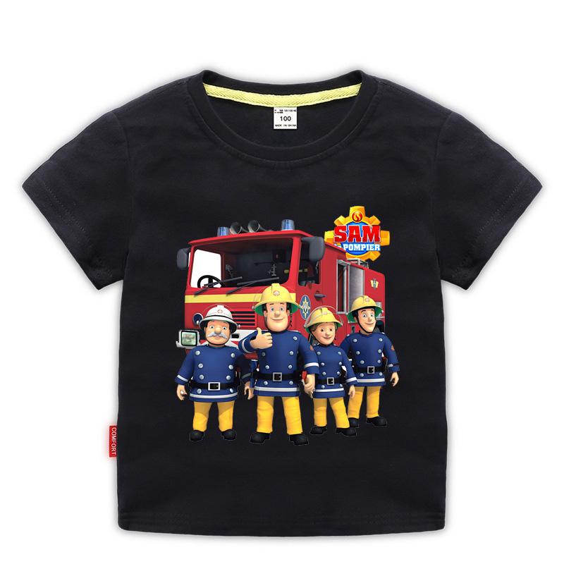 Children Cartoon Fireman Sam Print Cotton Tshirts for Boy Shirt Girl Short Sleeve Tee Top Clothes Kids Clothing Unisex 210Year
