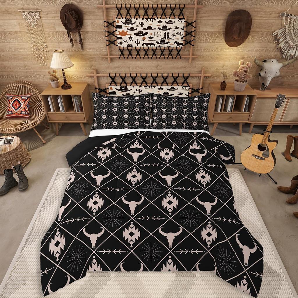 Erosebridal Western Aztec Comforter Set King Size, Boho Farmhouse Bedding Set for Kids Boys Teens Ethnic Southwest Bull Skull Cow Quilt Amer
