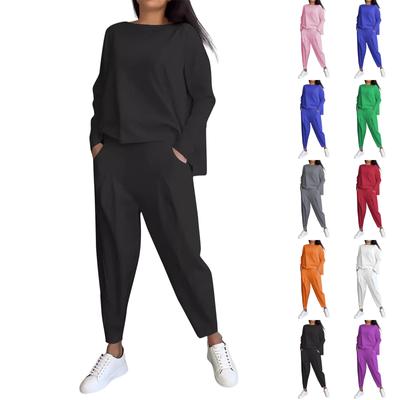 Women's Fashion Casual Round Neck Solid Color Long Sleeve With Pocket Pants Set