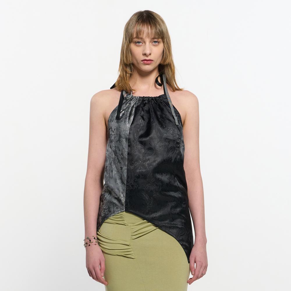 Kimjisu Two Tone Ribbon Paisely Halter-Neck Top _ Black