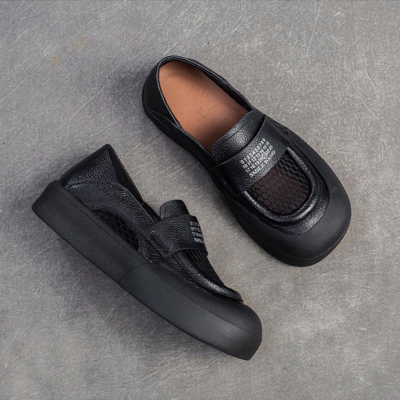 Johnature Versatile Breathable Mesh Flat Shoes Retro Genuine Leather Comfortable Sandals Women's Slip-on Shoes