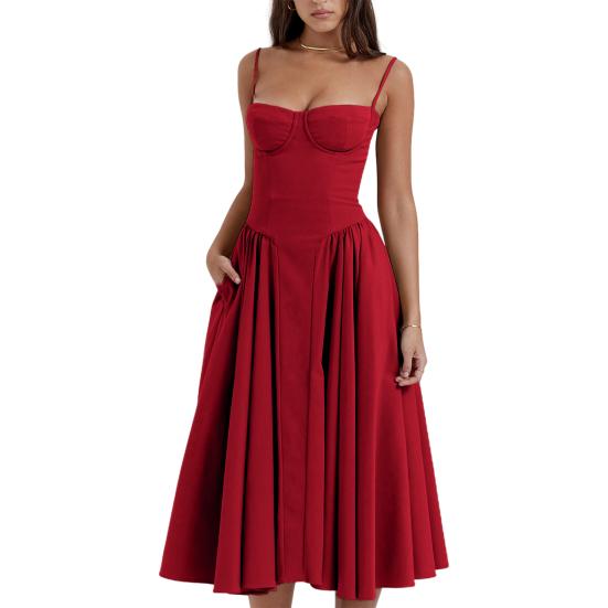 Women Summer Bandeau Sling Dress Corset Design Loose Hem Pockets A-Line  Midi Dress Solid Color Party Evening Dress  buy the best products in the  Ayzeze online store
