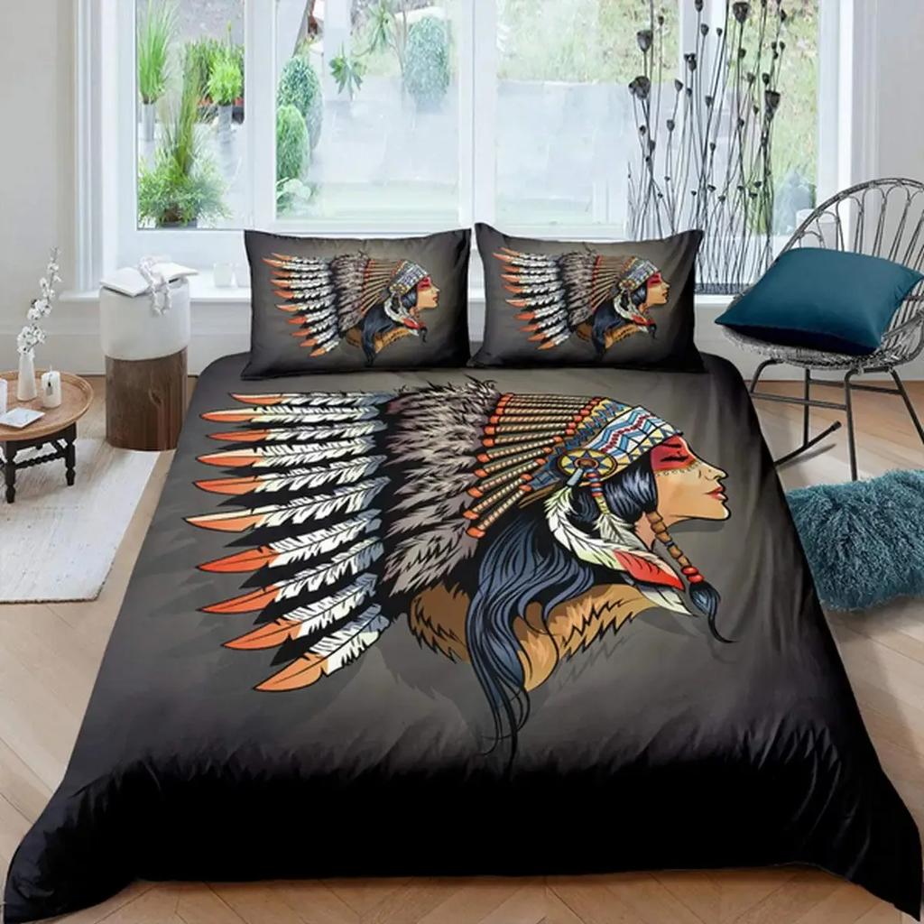 African Woman Duvet Cover Set Ethnic Afro Bedding Set African American Comforter Cover Orange Ancient Desert Bedspread