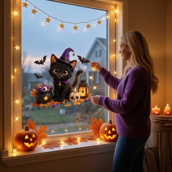 Decorative Glass Film Halloween Static Window Clings, Witch Black Cat Stickers, Reusable No Glue Indoor Ornament Stickers for Shop Store Home
